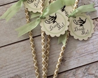 Printed Alice in Wonderland Inspired Mad Hatter Tea Party Baby Shower, Bridal Shower Drink Me! Tags with Gold Damask  Paper Straws