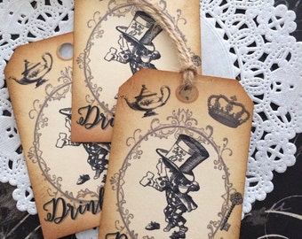 Printed Alice in Wonderland, Vintage look, Distressed Hand Inked, Mad Hatter Tea Party Baby Shower, Bridal Shower, Drink Me Tags