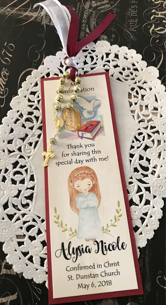 long brunette hair Remembrance Card with Mini Rosary Girl/'s First Communion Favor Baptism Bookmark