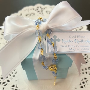 First Communion, Baptism, Confirmation or Christening Favor with 2x2 Italian Favor Box, Rosary, Candy Fill and Confetti Tag