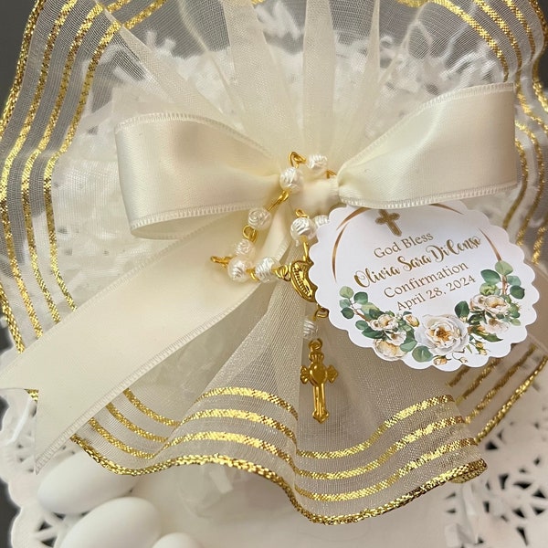 First Communion, Baptism, Confirmation or Christening Favor with Organza Bag and Italian Pull Bow, Rosary, Candy Fill and Confetti Tag