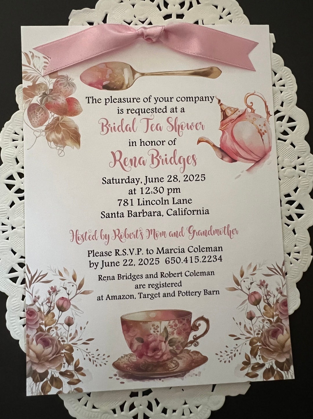 Printed Tea Party, Bridal Shower, Wedding Shower, Floral Invitation With Ribbon Trim - Size 5"x7 ...