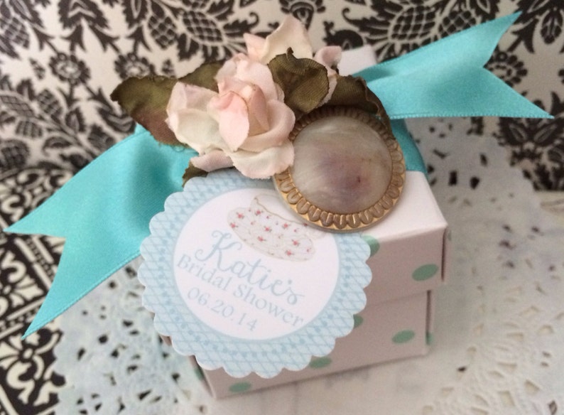 Polka Dot Box Tea Party Favors Bridal Showers with Chintz Tea Cup Design and Chamomille Tea for Weddings Birthdays