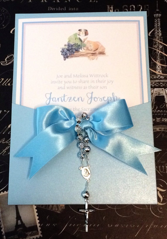 5x7 with Envelopes in Navy Metallic Jacket with Hand Tied Ribbon and Crucifix Size A7 Printed First Communion Gold Chalice Invitation