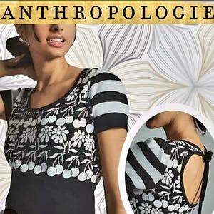 anthropologie Maeve Womens Trixie crop Sweater Blk Wht Cherries Size 1X image 7