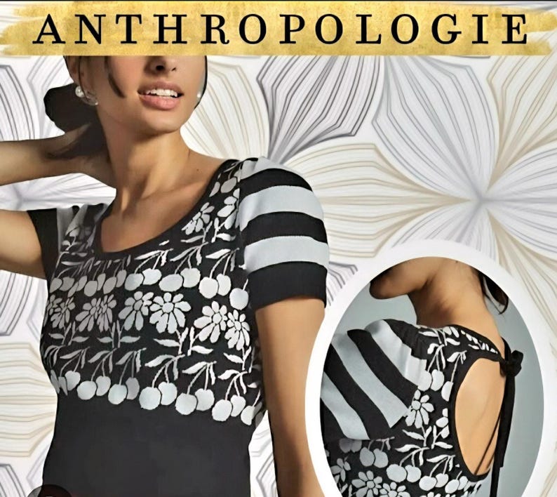 anthropologie Maeve Womens Trixie crop Sweater Blk Wht Cherries Size 1X image 7