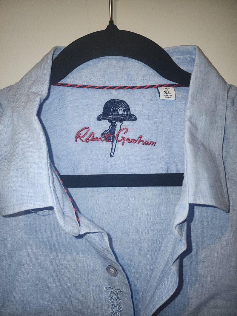 Camisa de hombre Robert Graham, azul, 100% algodón, bordada, manga larga, talla XL. imagen 9