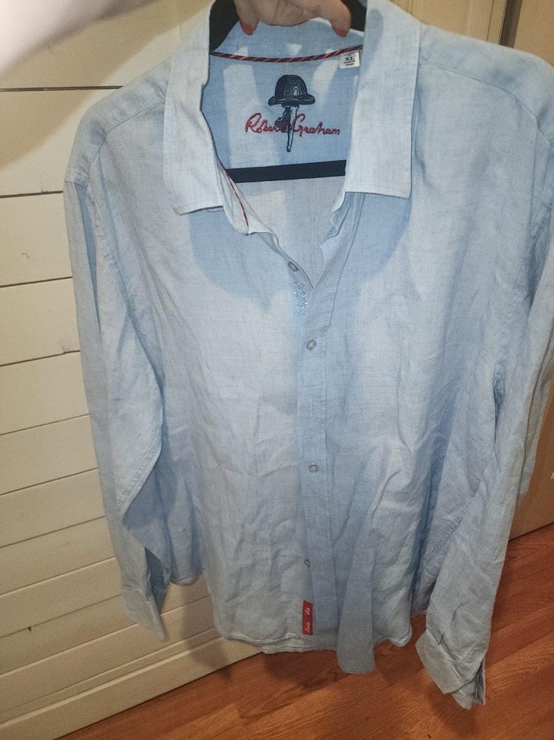 Camisa de hombre Robert Graham, azul, 100% algodón, bordada, manga larga, talla XL. imagen 2