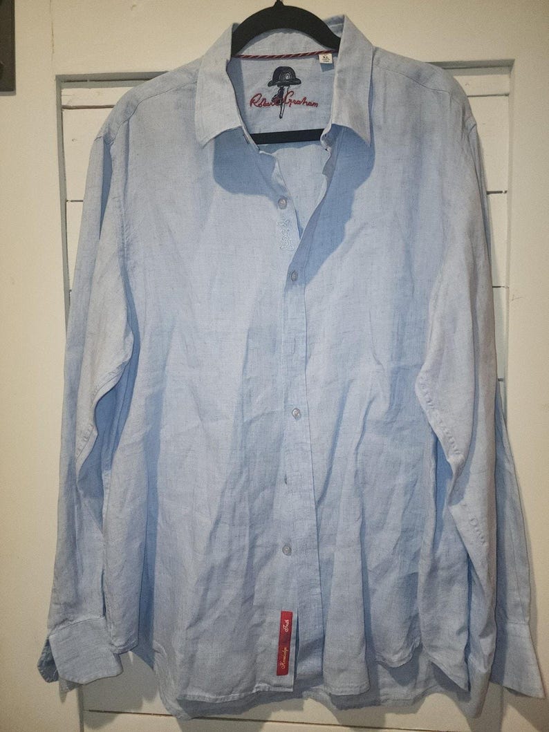 Camisa de hombre Robert Graham, azul, 100% algodón, bordada, manga larga, talla XL. imagen 11