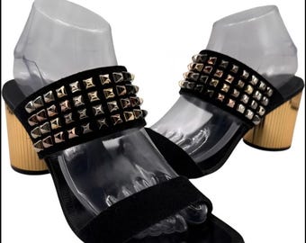 Pedro García Women's Studded Suede & Metallic Block Heel Sandals – Size 39.5/9.5 USA
