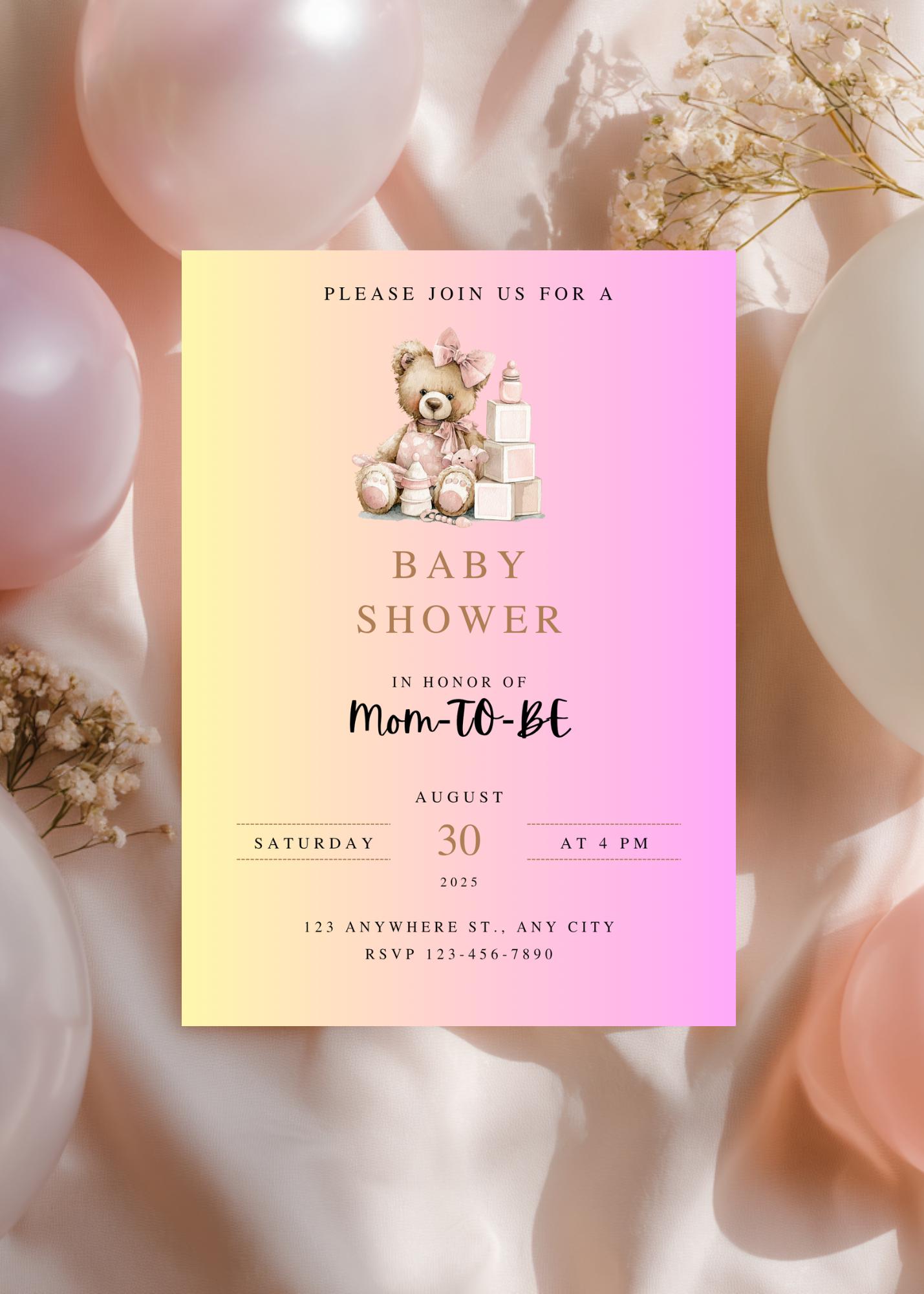 Pink Teddy Bear Baby Shower Invitation | Editable Canva Baby Girl ...
