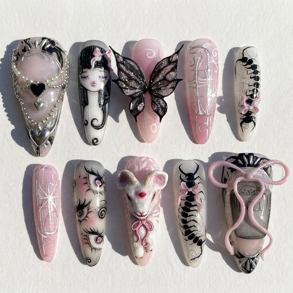 Creepy Cute Goth Press On Nails 3D Dark Fairy Centipede Demon Goat Custom Fake Nails Emo Pink Black Alternative Art