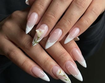 3D White Lily Dewdrop French | Stiletto Botanical Press On Nails