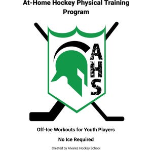 以下が含まれることがあります： 「At-Home Hockey Physical Training Program」と書かれた白いチラシ。チラシには、黒いヘルメットと「AHS」の文字が入った緑色のシールドが含まれています。下には「Off-Ice Workouts for Youth Players」と「No Ice Required」と書かれています。