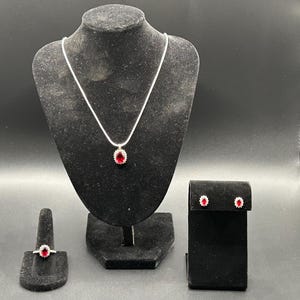 Rare Ruby Red Halo Jewelry Set Sterling Silver 925 Necklace Ring Earrings Vintage Style Matching Set Fine & Found Jewelry