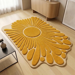 Ręcznie robiony dywan z motywem słonecznika, żółty abstrakcyjny dywan kwiatowy, nowoczesny wystrój wnętrz w stylu boho