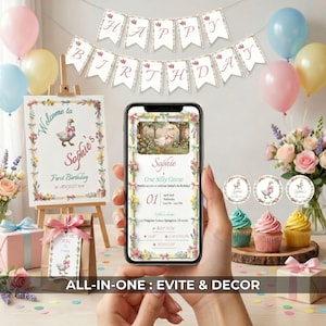 May include: A birthday party setup with a banner, balloons, and floral arrangements. A phone displays a birthday invitation featuring a goose illustration. Other decorations include a welcome sign, gift bags, cupcakes, and gift boxes. The text "ALL-IN-ONE : EVITE & DECOR" is visible.