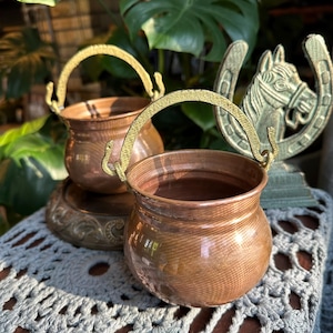 May include: Two small copper-coloured pots with brass handles. A green horse head and horseshoe statue is in the background. The pots have a textured finish and are round with a wide opening. The pots are sitting on a decorative surface.