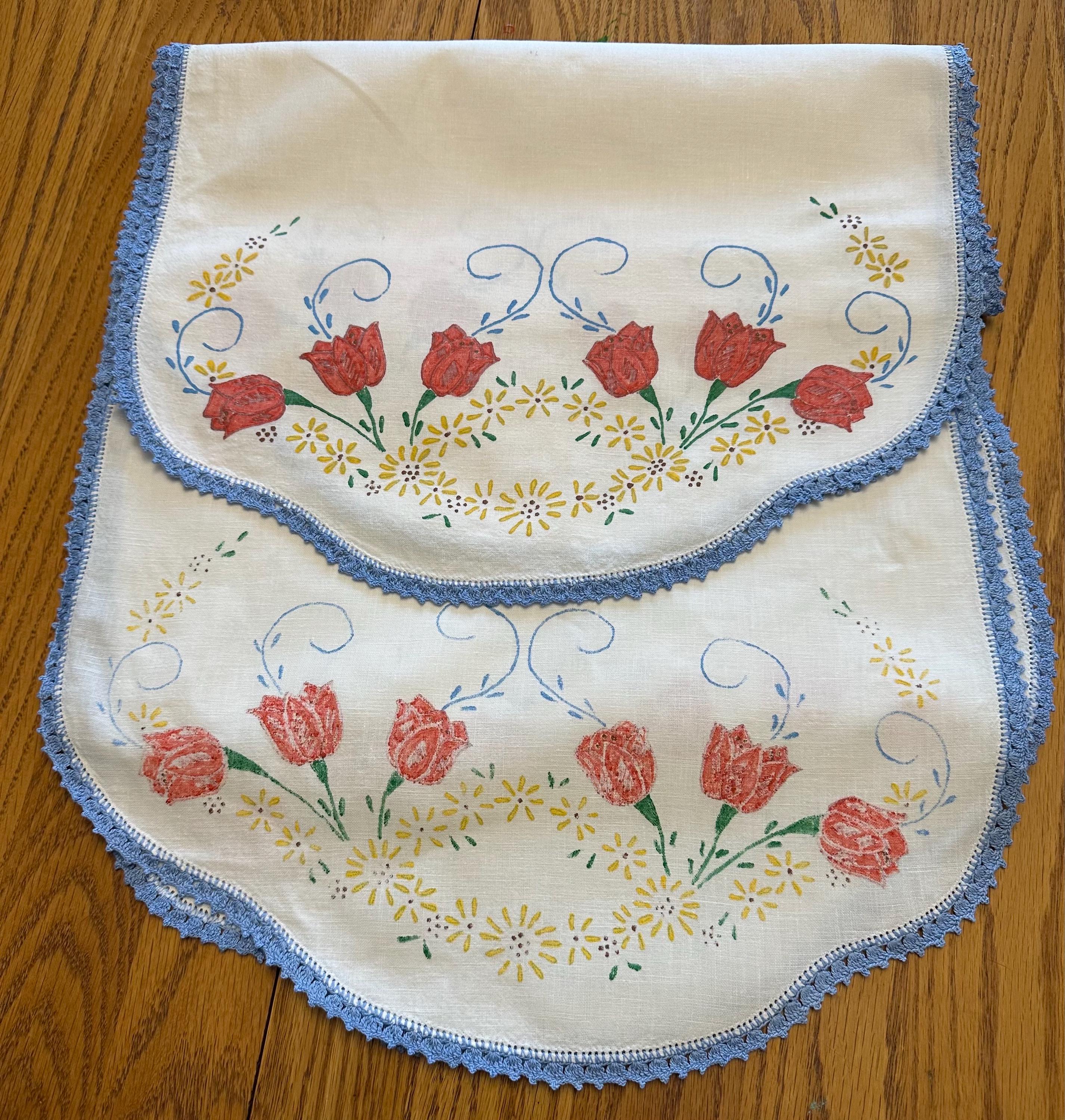 vintage embroidered dresser scarves 2 Vintage Embroidered Dresser Scarves...Peacock Sitting on A Branch & Fish  and S