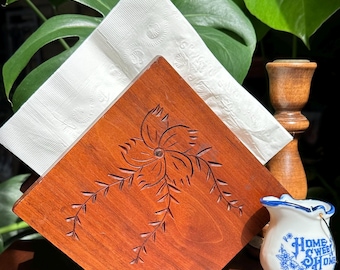 Vintage Amana, IA Hand Crafted Wood Napkin Holder with Floral Design by Ben Will