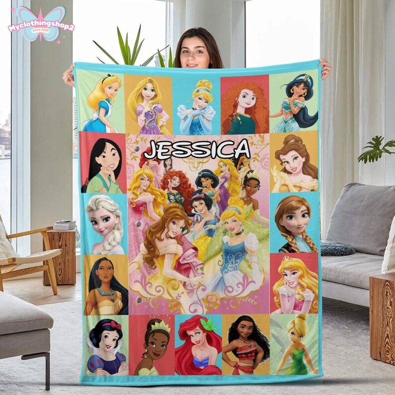 Custom Disneyland Princess Blanket, Princess Blanket Gift for Her, Cinderella Snow White Belle Jasmine Ariel Princess, Birthday Girl Blanket image 2
