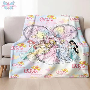 Personalized DisneyPrincess Blanket, Princess Girl Gift,Personalized Kid Blanket,Girly Gift Ideas,Disneyland Cinderella Ariel Belle Blanket image 2