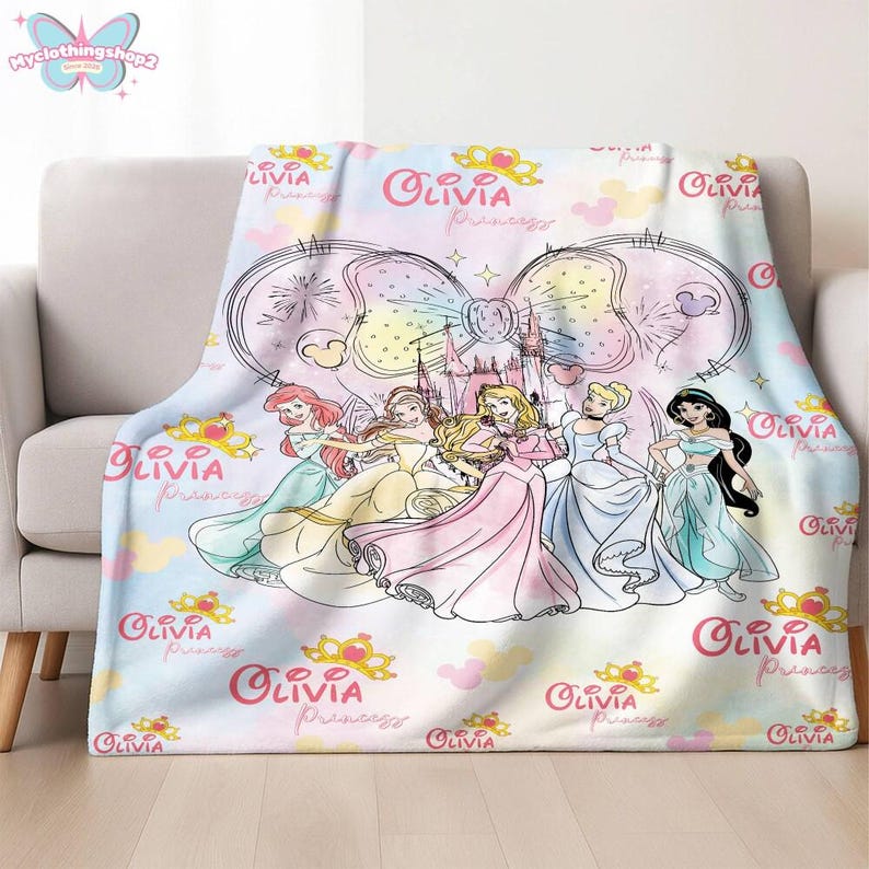 Personalized DisneyPrincess Blanket, Princess Girl Gift,Personalized Kid Blanket,Girly Gift Ideas,Disneyland Cinderella Ariel Belle Blanket image 2
