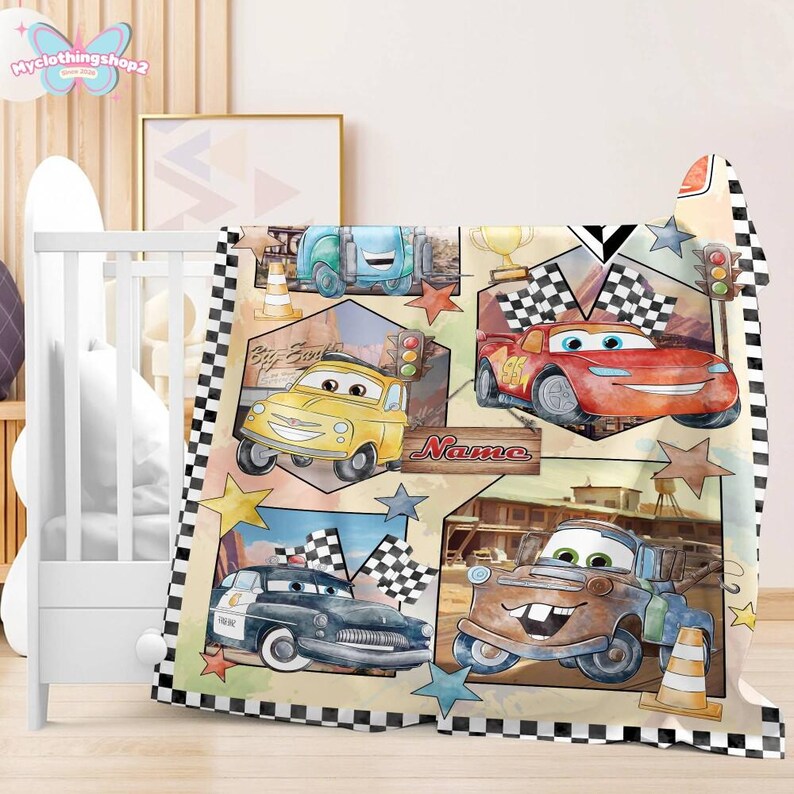 Manta polar personalizada con personajes de Disneyland Cars, manta de Lightning McQueen y Tow Mater, manta de Disneycars, regalo de cumpleaños para niño o niña. imagen 3