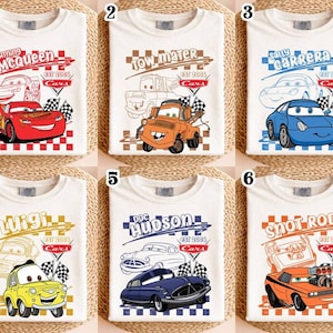 Camiseta pirata vintage de personajes de Cars de Disneyworld y Pixar, camiseta de cumpleaños de Cars de Rayo McQueen, Mater, Doc Hudson y Sally, viaje a Disneyland imagen 1