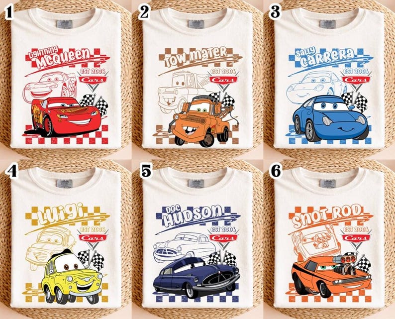 Camiseta pirata vintage de personajes de Cars de Disneyworld y Pixar, camiseta de cumpleaños de Cars de Rayo McQueen, Mater, Doc Hudson y Sally, viaje a Disneyland imagen 1