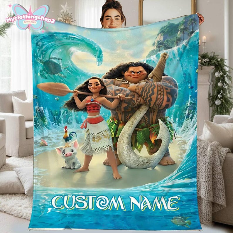 Custom Name Princess Moana Blankets, Moana 2 Fleece Blanket, Moana Maui Blanket, Princess Moana Blanket, Birthday Gift immagine 1