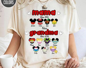 Camiseta personalizada "Primera mamá, ahora abuela", camiseta personalizada con el nombre de mamá, Mickey y Minnie, Feliz Día de la Madre, camiseta con personajes de Disneyland