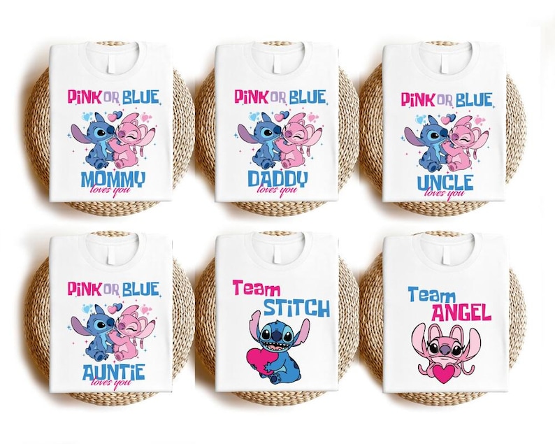 Disneyland Angel & Stitch Gender Reveal Shirt, Pink or Blue Family Shirt, Gender Party Family , Pink Or Blue Mom and Dad Loves You Tee image 1