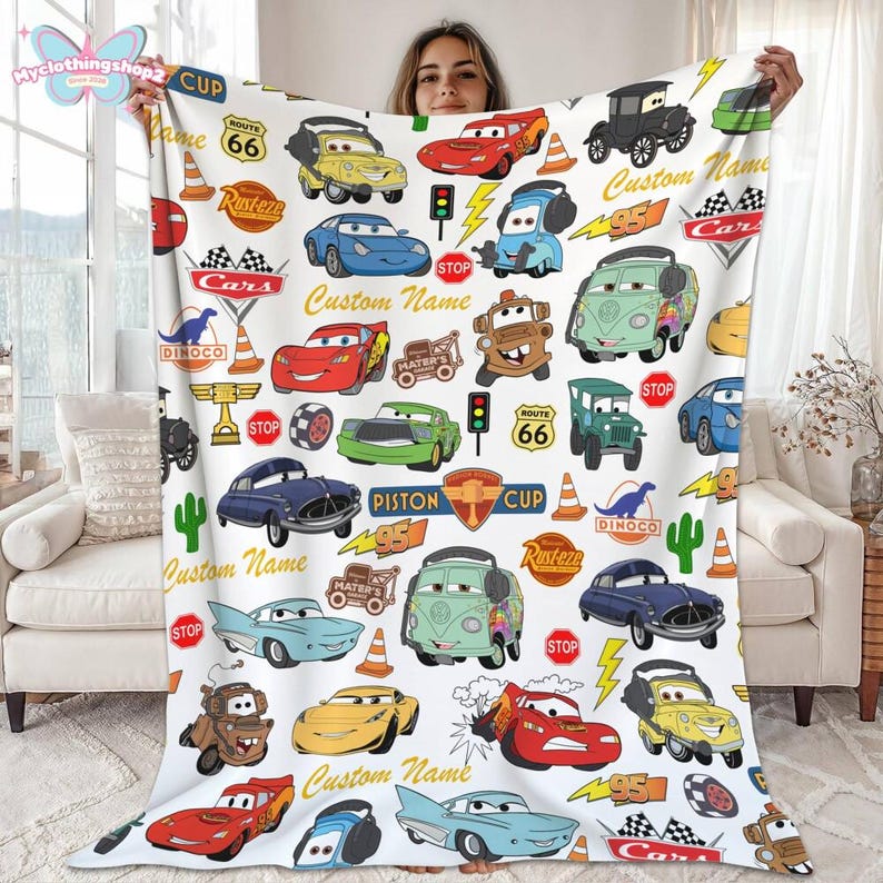 Personalized Disneyland cars character Fleece Blanket, Lightning McQueen Tow Mater Blanket, Disneycars blanket, Birthday Boy Girl Gifts image 1