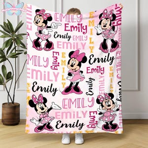 Manta personalizada de Minnie Mouse en acuarela, manta personalizada con nombre de Minnie Mouse, regalo de cumpleaños para niña, regalo para baby shower. imagen 1