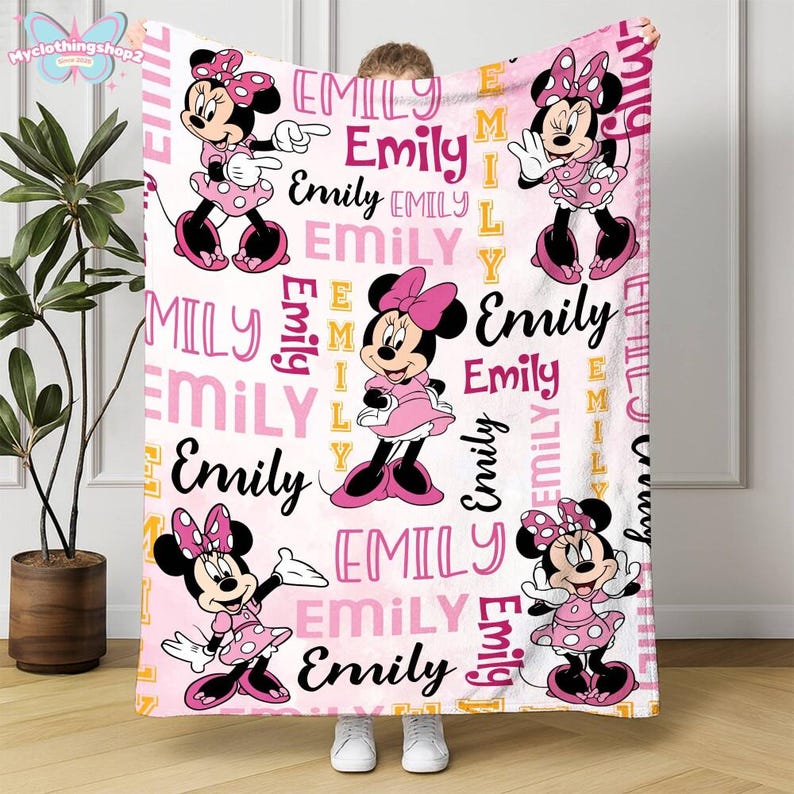 Manta personalizada de Minnie Mouse en acuarela, manta personalizada con nombre de Minnie Mouse, regalo de cumpleaños para niña, regalo para baby shower. imagen 1