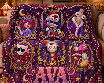 Circus Theme Custom Blanket Personalized, Personalized Cartoon Character Throw Blanket, Kids Anime Style Gift, The Digital Circus Fleece