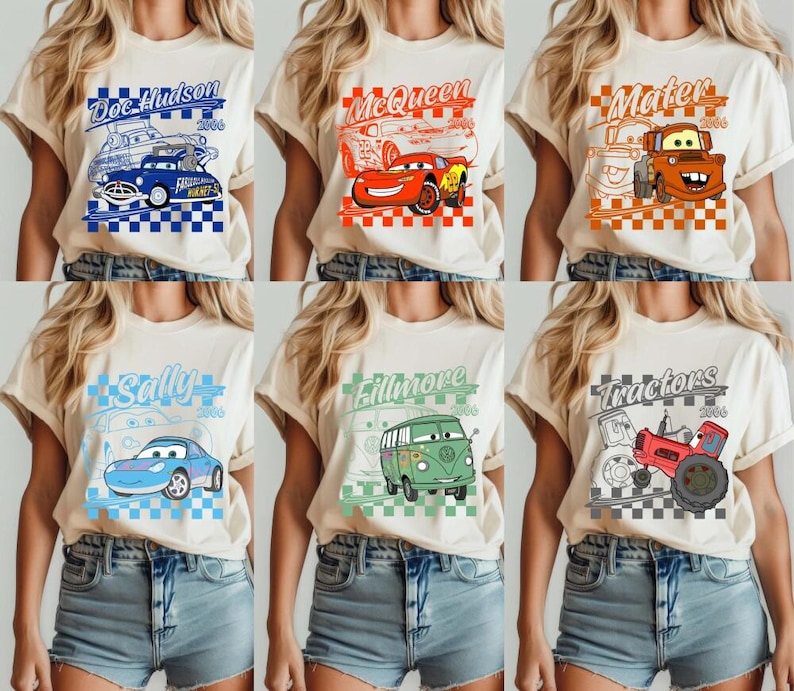 Retro Disneyland Cars Shirt, Checkered Lightning McQueen Shirt, Cars Sally Shirt, Disneyland Family Trip, Disneyland Vacation Tee, Tow Mater Bild 1