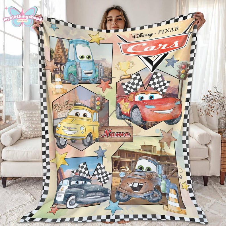Manta polar personalizada con personajes de Disneyland Cars, manta de Lightning McQueen y Tow Mater, manta de Disneycars, regalo de cumpleaños para niño o niña. imagen 1