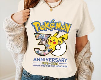Camiseta del 30.º aniversario de PKM, camiseta de cumpleaños número 30 de Pokeball, camiseta de Pikachu, Charmander y Bulbasaur, camiseta de 30 años de Pokeball, camiseta a juego para la familia Anime