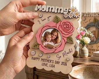 Custom Mother's Day Photo Wooden Acrylic Board For Mom, Mother's Day Sign Grandma Flowers, Personalized Best Mom Ever Wooden Board