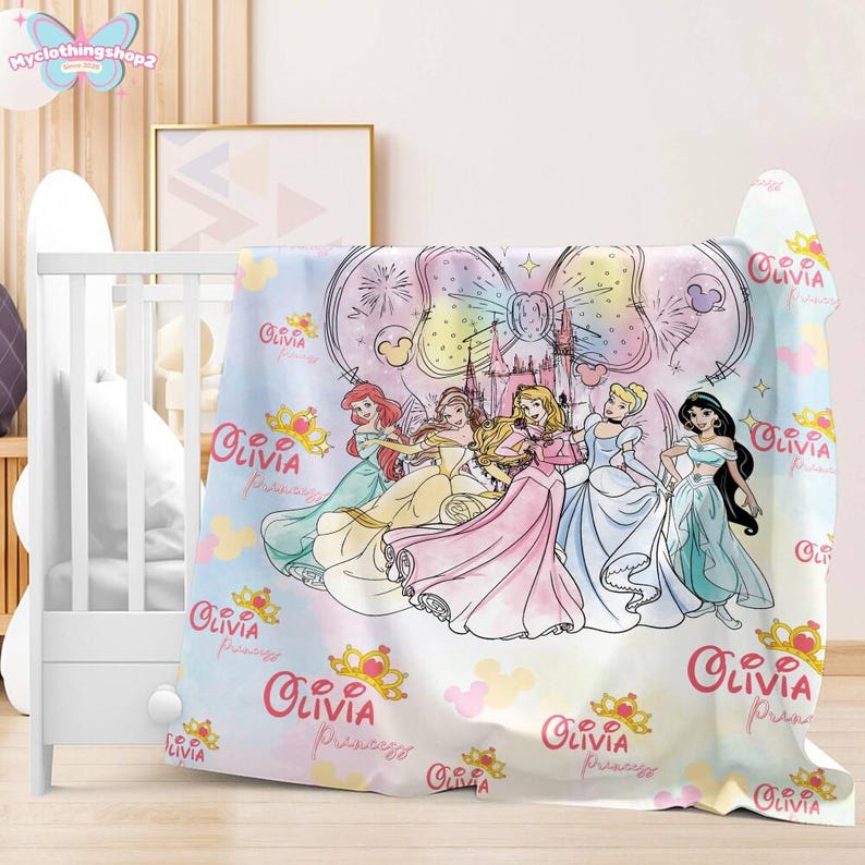 Personalized DisneyPrincess Blanket, Princess Girl Gift,Personalized Kid Blanket,Girly Gift Ideas,Disneyland Cinderella Ariel Belle Blanket image 3
