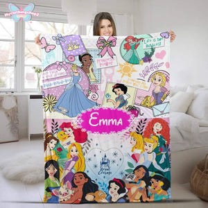 Custom Disneyland Princess Blanket, Princess Blanket Gift for Her, Cinderella Snow White Belle Jasmine Ariel Princess, Birthday Girl Blanket image 1