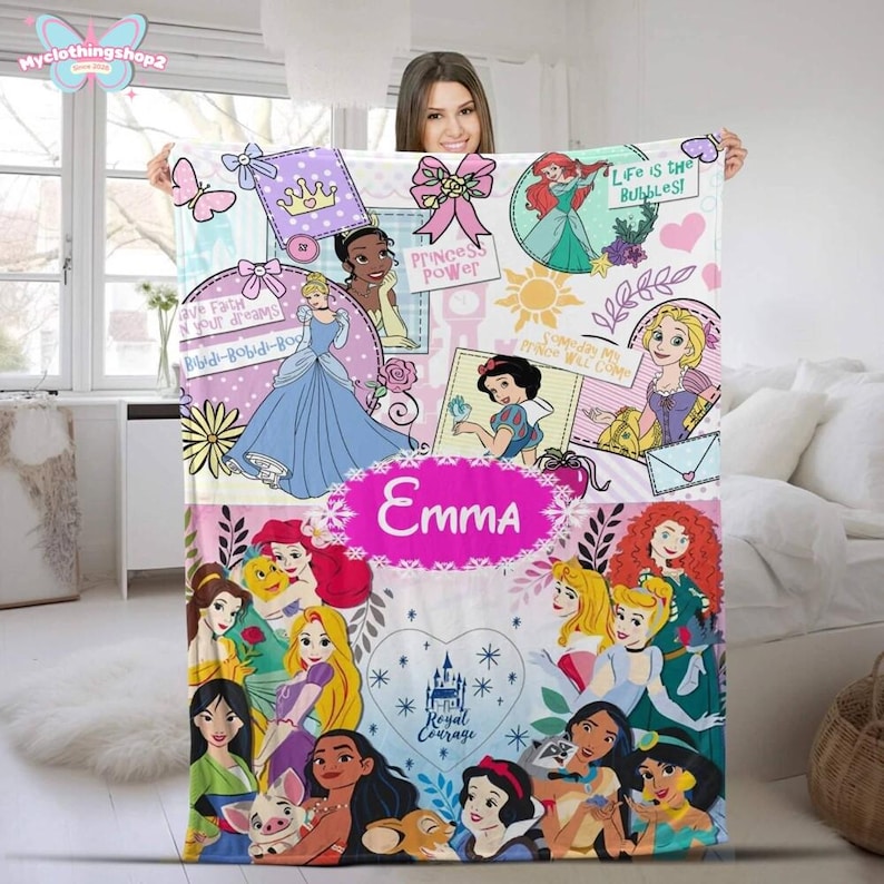 Custom Disneyland Princess Blanket, Princess Blanket Gift for Her, Cinderella Snow White Belle Jasmine Ariel Princess, Birthday Girl Blanket image 1