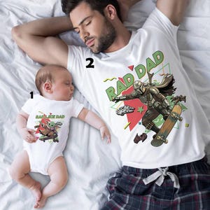 Rad Dad Mandalorian and Baby Yoda Matching Shirt, Retro 90s StarWars Father Day Matching Shirts, Dad and Son Baby Yoda Tees image 1