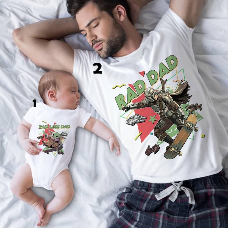 Rad Dad Mandalorian and Baby Yoda Matching Shirt, Retro 90s StarWars Father Day Matching Shirts, Dad and Son Baby Yoda Tees image 1