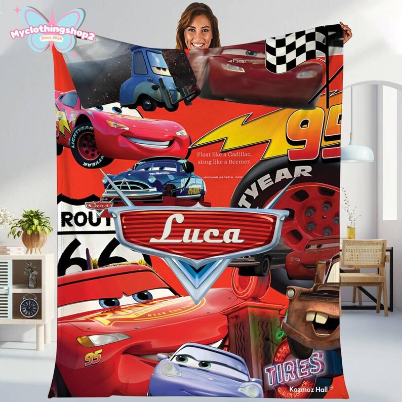 Disneyland Cars Fleece Blanket, Blanket Radiator Springs Cars Movie, Lightning Mcqueen Sally Tow Mater Cars, Cars Characters Blanket Gifts afbeelding 3