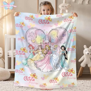 Personalized DisneyPrincess Blanket, Princess Girl Gift,Personalized Kid Blanket,Girly Gift Ideas,Disneyland Cinderella Ariel Belle Blanket image 1