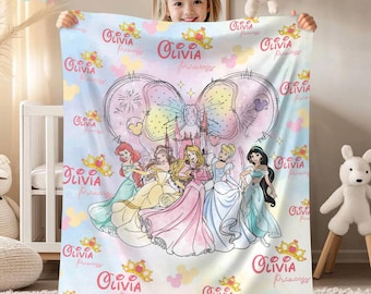 Personalized DisneyPrincess Blanket, Princess Girl Gift,Personalized Kid Blanket,Girly Gift Ideas,Disneyland Cinderella Ariel Belle Blanket