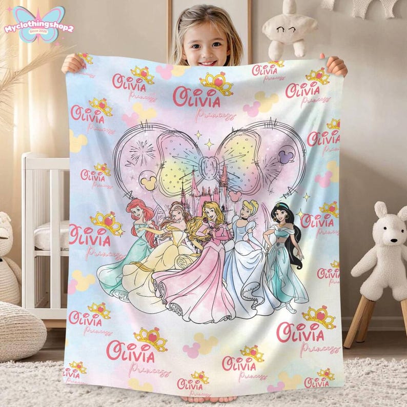 Personalized DisneyPrincess Blanket, Princess Girl Gift,Personalized Kid Blanket,Girly Gift Ideas,Disneyland Cinderella Ariel Belle Blanket image 1